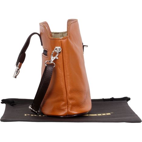 side view of open small ladies tan & dark brown soft italian leather handbag